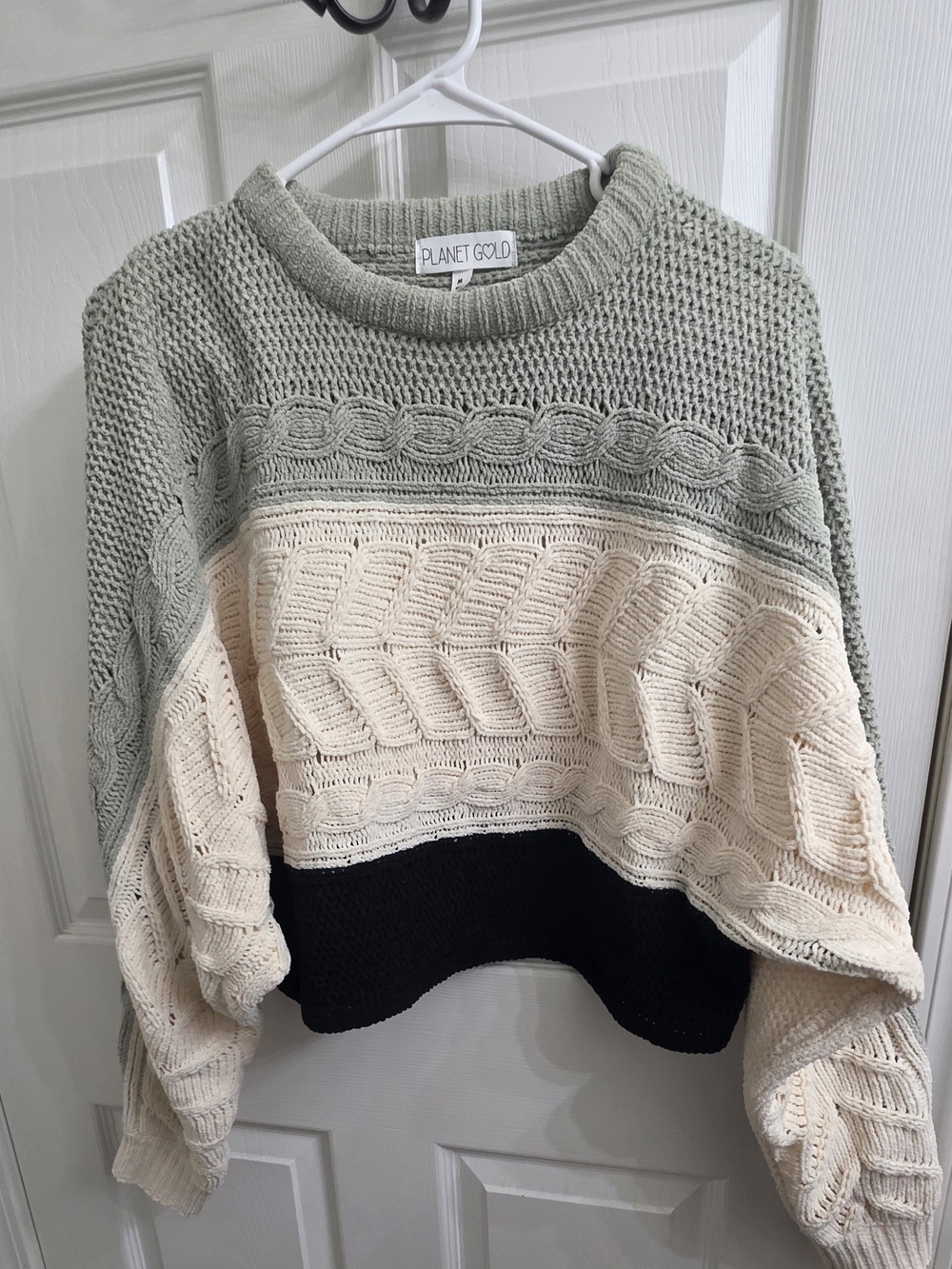 Planet Gold Sage, Cream & Black Colorblock Cable Knit Crewneck Sweater